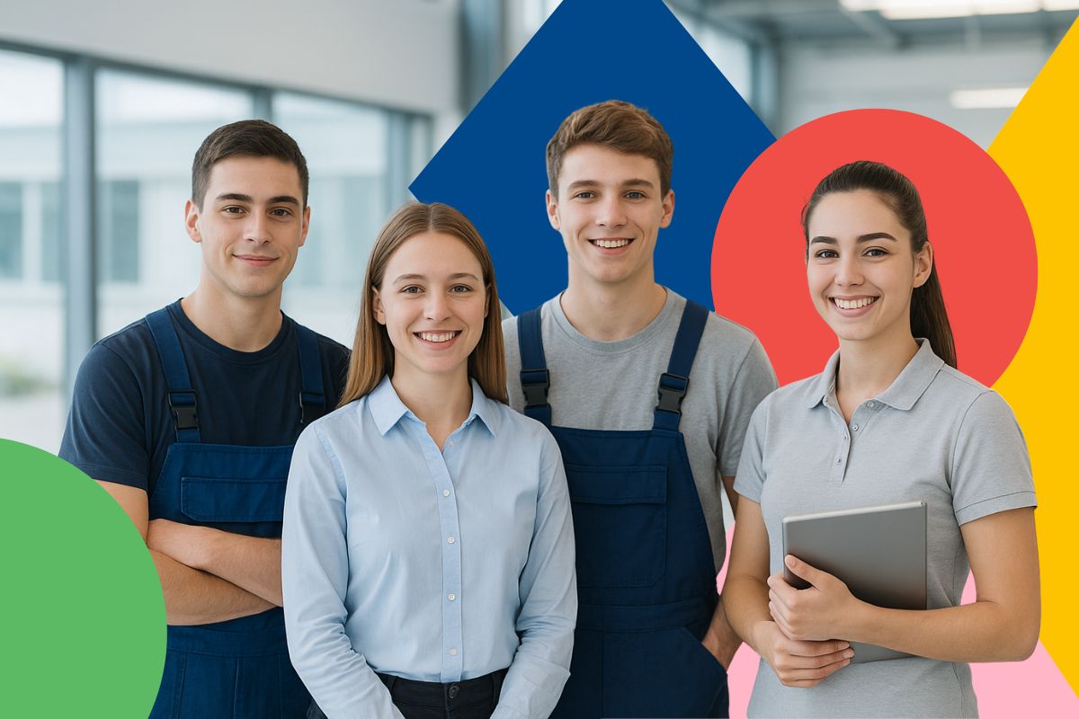 Vier lächelnde Auszubildende der IHK Akademie Schwaben, zwei in Arbeits-Overalls und zwei in Business-Kleidung, symbolisieren die Verbundausbildung.