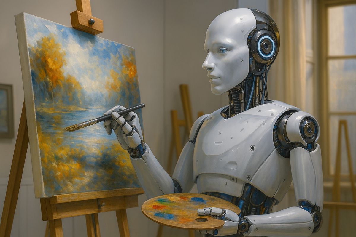 Künstliche Intelligenz - Roboter als Künstler an einer Staffelei, der ein Bild malt