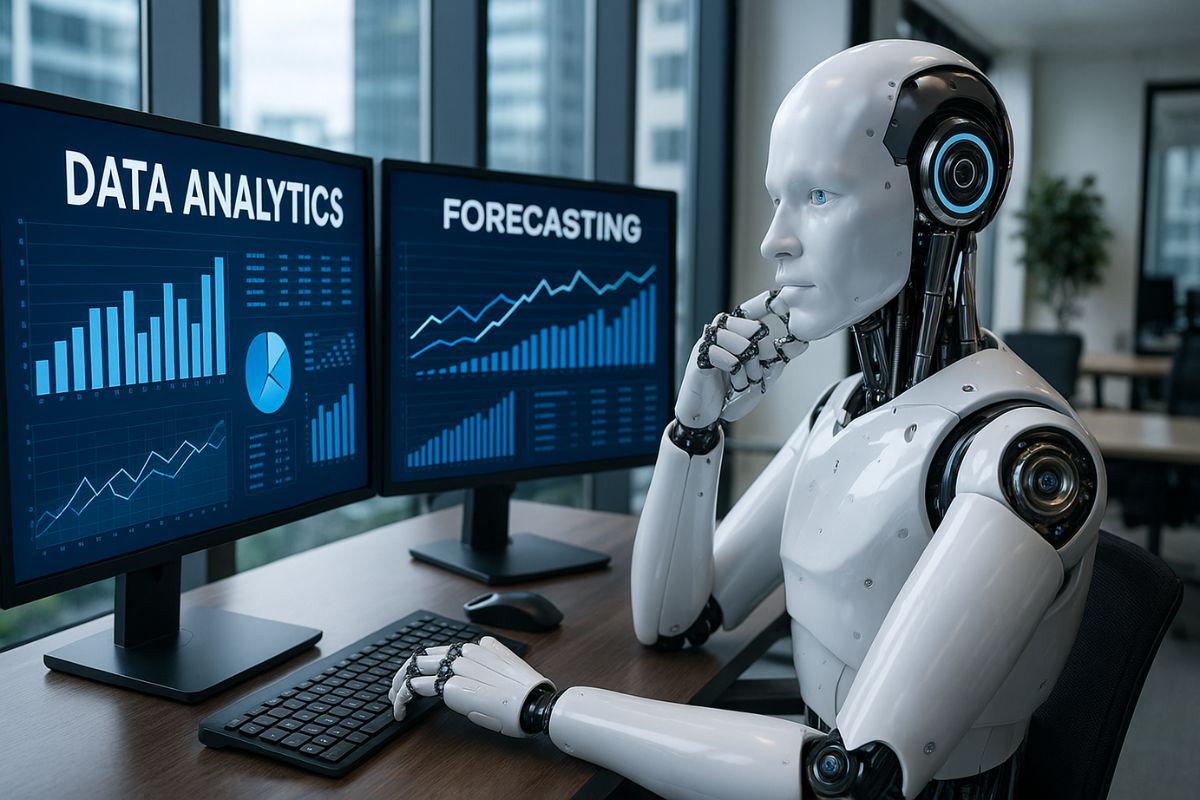 Künstliche Intelligenz - Ein Roboter an einem PC, der sich mit Data Analytics beschäftigt