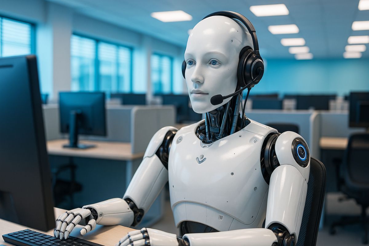 Künstliche Intelligenz - Roboter mit einem Headset in einem Call-Center