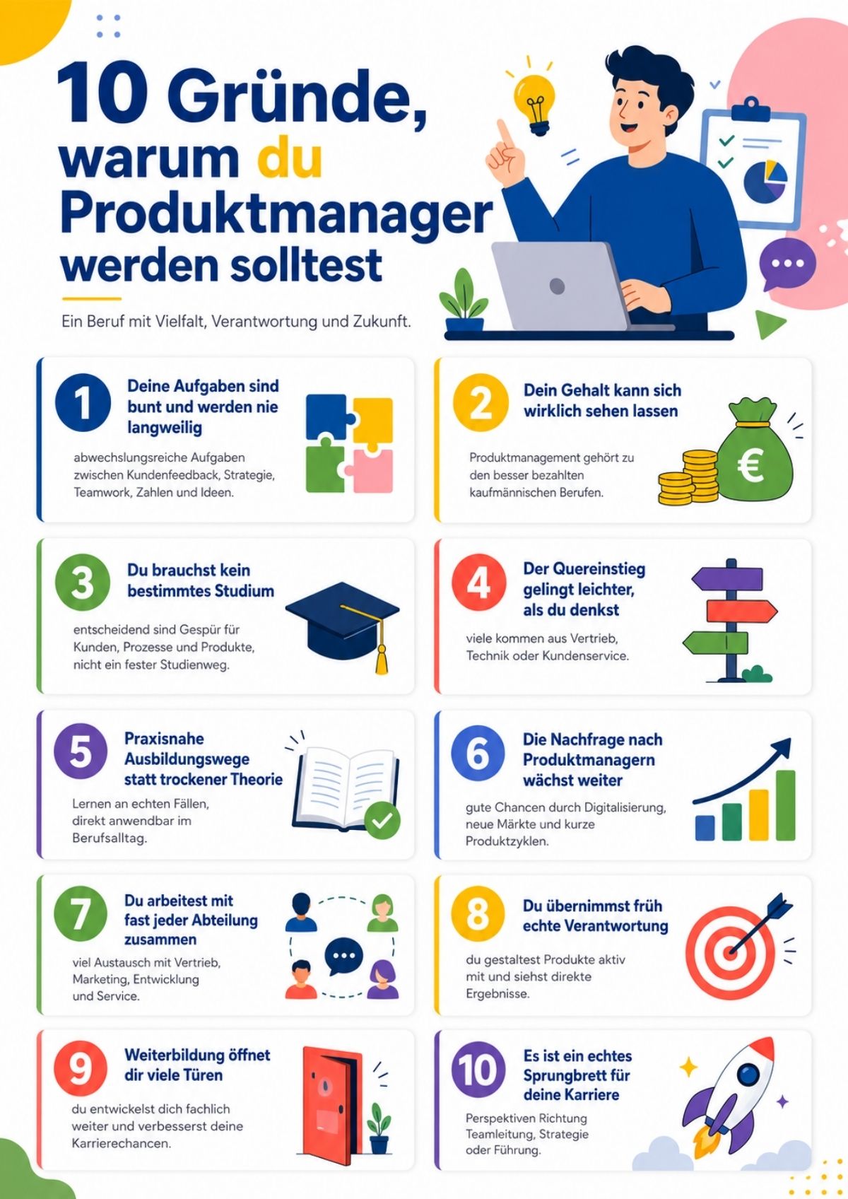Infografik mit 10 Gründen, warum es sich lohnt Produktmanager zu werden