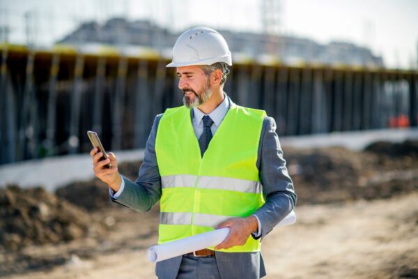 Ein Bauleiter auf einer Baustelle bei der Arbeit